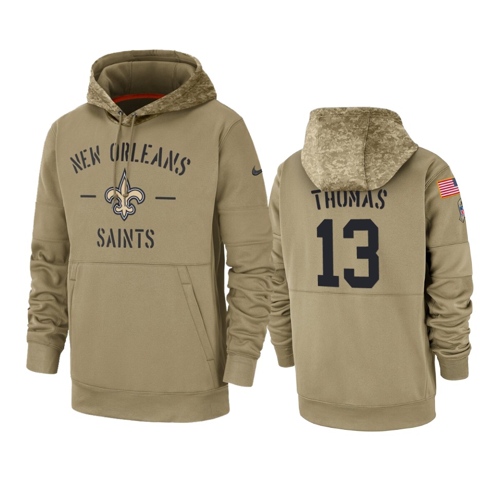 Men's New Orleans Saints #13 Michael Thomas Tan 2019 Salute to Service Sideline Therma Pullover Hoodie